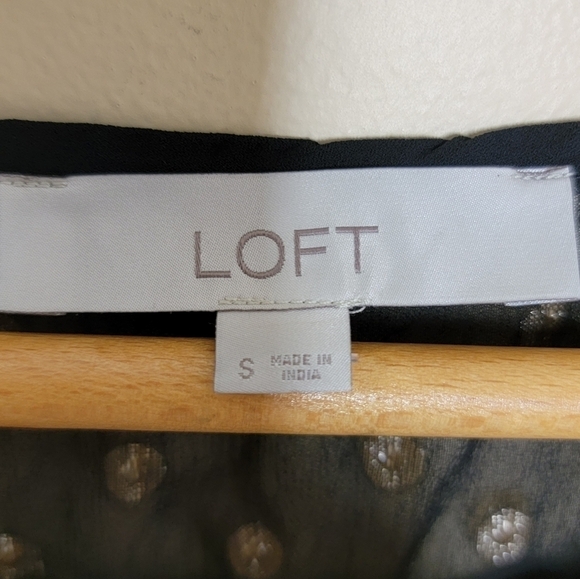 Loft | Mixed Material Black Ruffle Blouse with Gold Dot Upper Size Small - Picture 4 of 4
